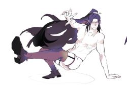 1boy abs ass black_hair black_thighhighs dress_shoes flustered hair_ornament high_ponytail jia_qiu_(project_moon) leaning_back leg_belt limbus_company male_focus no_shirt outstretched_hand pectorals ponytail project_moon reaching reaching_towards_viewer revealing_clothes shoggoth_(sirens20211) sidelocks solo thighhighs toned toned_male