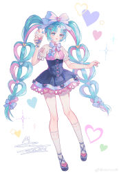 1girl absurdres ankle_socks aqua_eyes aqua_hair bare_arms black_skirt blue_nails bow bowtie brooch chinese_commentary clothing_cutout commentary_request cross-laced_shoes dated eyelashes food frilled_sleeves frills full_body hair_bow hair_ornament hairclip happy hatsune_miku heart heart-shaped_hair heart_brooch heart_cutout heart_hair_ornament heart_print high-waist_skirt highres holding holding_food jewelry knees lace lace-trimmed_skirt lace-trimmed_socks lace_trim large_bow light_blush long_hair looking_at_viewer memory_mie miniskirt multi-tied_hair multicolored_hair multiple_hair_bows nail_polish number_print open_mouth parallel_hairclips parfait parted_bangs pink_bow pink_hair pleated_skirt puffy_short_sleeves puffy_sleeves purple_bow purple_bowtie purple_shoes shirt shoes short_sleeves signature simple_background skirt smile socks solo sparkle standing streaked_hair twintails two-tone_hair very_long_hair vocaloid watermark weibo_watermark white_background white_bow white_shirt white_socks