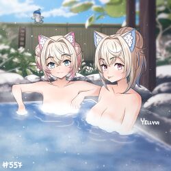 2girls :3 alternate_hairstyle animal_ear_fluff animal_ears bare_shoulders blonde_hair blue_eyes blue_hair blush breasts cleavage closed_mouth collarbone dog_ears dog_girl fuwawa_abyssgard hololive hololive_english large_breasts long_hair looking_at_viewer medium_breasts mococo_abyssgard multiple_girls onsen outdoors pink_eyes pink_hair short_hair siblings sisters smile tongue tongue_out twins virtual_youtuber yellyvi