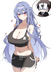 1boy 1girl absurdres administrator_(counter:side) bare_arms bare_shoulders black_shirt black_shorts breasts cleavage closed_mouth counter:side cowboy_shot crop_top dolphin_shorts drawstring hair_ornament hairclip half_updo highres jewelry jinggun large_breasts long_hair looking_at_viewer midriff navel pink_eyes purple_hair ring shirt short_shorts shorts simple_background sleeveless sleeveless_shirt smile solo_focus stomach swan_claire very_long_hair white_background x_hair_ornament