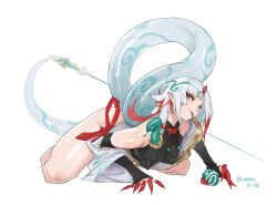 1girl bad_link breasts eyeshadow forked_tongue highres horns liren44 looking_at_viewer makeup no_panties orange_eyes pointy_ears red_nails simple_background smile snake_tail solo tail tongue white_background white_hair