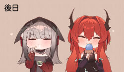 2girls =_= arknights bare_shoulders behind-the-head_headphones black_hat blush brown_background brown_horns chibi chibi_only closed_eyes closed_mouth clothes_writing commentary eating facing_viewer food frostleaf_(arknights) grey_hair hair_between_eyes hair_intakes halterneck hat headphones heart highres holding holding_food holding_ice_cream horns ice_cream licking long_hair long_sleeves material_growth medium_hair multiple_girls off_shoulder oripathy_lesion_(arknights) red_hair simple_background surtr_(arknights) suzubotan tongue tongue_out translation_request wavy_mouth