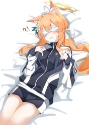 !? 1girl absurdres animal_ear_fluff animal_ears bed_sheet blue_archive commentary_request covered_eyes fox_ears gym_shorts gym_uniform halo highres jacket kabocya_na lying mari_(blue_archive) mari_(track)_(blue_archive) official_alternate_costume on_back open_mouth orange_hair partial_commentary shorts solo sweatdrop track_jacket yellow_halo