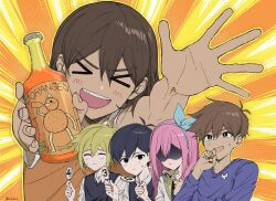 Rule 34 | &gt; &lt;, 1girl, 4boys, ^ ^, antenna hair, aubrey (faraway) (omori), aubrey (omori), bare arms, bare shoulders, basil (faraway) (omori), basil (omori), black eyes, black shirt, black sweater vest, blue hairband, blue sweater, blush, bottle, bow hairband, bright pupils, brothers, brown eyes, brown hair, closed eyes, collarbone, commentary, dark-skinned male, dark skin, double-parted bangs, empty eyes, fingernails, foreshortening, hair behind ear, hair between eyes, hairband, halftone, hand on own chin, hero (faraway) (omori), hero (omori), highres, holding, holding bottle, jacket, juice, kel (faraway) (omori), kel (omori), long hair, long sleeves, looking at viewer, multiple boys, no eyes, no pupils, o oquo, omori, open clothes, open jacket, open mouth, orange background, orange joe (omori), orange juice, orange tank top, outline, outstretched arm, outstretched hand, pink hair, raised inner eyebrows, sailor collar, shaded face, shirt, short hair, short sleeves, siblings, simple background, straight hair, sunny (omori), sweater, sweater vest, symbol-only commentary, tank top, teeth, twitter username, upper body, upper teeth only, v-neck, v-shaped eyebrows, veins, white background, white jacket, white pupils, white shirt, yellow background, yellow outline, yellow sailor collar