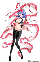 Rule 34 | 1girl, absurdres, alternate costume, asaka haru123, bikini, black bikini, black pants, black shoes, blue hair, blush, bow, breasts, cleavage, closed mouth, commentary request, commission, detached sleeves, frilled shawl, frills, full body, hair bow, highres, large breasts, looking at viewer, nagae iku, navel, no headwear, pants, red bow, red eyes, shawl, shoes, short hair, simple background, skeb commission, smile, solo, swimsuit, touhou, twitter username, variant set, white background