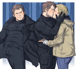 Rule 34 | 2boys, arm up, bandaged hand, bandages, black coat, black gloves, black pants, black shirt, blonde hair, blue pants, blush, border, brown hair, chris redfield, closed eyes, closed mouth, coat, commentary, couple, denim, english commentary, ethan winters, gloves, hand on another&#039;s face, highres, hood, hood down, hooded jacket, jacket, jeans, kalamari, kiss, lapels, long sleeves, looking to the side, male focus, missing finger, multiple boys, multiple views, nervous, nervous sweating, open clothes, open coat, outside border, pants, resident evil, resident evil village, shirt, short hair, sideways glance, smile, sweat, sweatdrop, turtleneck, white border, yaoi, yellow jacket