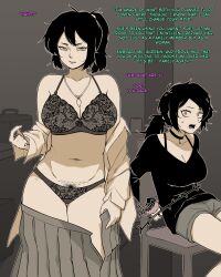2girls absurdres ashley_graves belly bra_strap breasts chair choker cleavage clothes_pull commentary english_commentary english_text female_pubic_hair greyscale highres jewelry large_breasts mature_eyes mature_female medium_skirt monochrome renee_graves mother_and_daughter multiple_girls navel necklace open_clothes open_shirt pendant pink_eyes pleated_skirt ponytail pubic_hair pubic_hair_peek short_shorts shorts skirt skirt_pull spot_color sweatdrop the_coffin_of_andy_and_leyley yblndr yellow_eyes