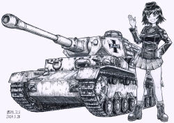 Rule 34 | 1girl, ankle boots, ballpoint pen (medium), boots, dated, full body, girls und panzer, greyscale, hand on own hip, hand up, hat, hida ema, highres, jacket, kuromorimine military uniform, military hat, military jacket, military vehicle, monochrome, motor vehicle, nspa (spa-jcs), panzer iv, pen (medium), signature, sketch, smile, standing, tank, traditional media, twitter username, vehicle focus