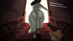 Rule 34 | 1boy, 1girl, alcina dimitrescu, ass, black hair, breasts, dress, endremora, ethan winters, from behind, from below, gun, hat, high heels, highres, huge ass, huge breasts, pale skin, pantylines, pov, resident evil, resident evil village, staircase, stairs, sun hat, weapon, white dress