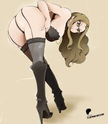 1girl absurdres ass ass_focus breasts brown_hair crossed_legs evergreen_(fairy_tail) fairy_tail flatpancakesjim garter_straps hand_on_own_cheek hand_on_own_face hand_on_own_hip hanging_breasts high_heels highres large_breasts leaning_forward lingerie long_hair looking_at_viewer looking_back patreon_username seductive_smile see-through_clothes simple_background smile solo thick_thighs thighhighs thighs transparent underwear wide_hips