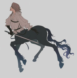 1girl blouse brown_hair centaur copyright_request full_body gloves highres holding holding_sword holding_weapon long_hair shirt simple_background solo sword taur viol_vrt weapon