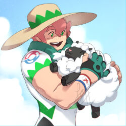 1boy :d affectionate cloud commentary day dynamax_band freckles gen_8_pokemon gloves green_eyes green_scarf happy hat holding holding_pokemon lobelmontdraws male_focus milo_(pokemon) nintendo open_mouth outdoors partially_fingerless_gloves pink_hair pokemon pokemon_(creature) pokemon_swsh scarf shirt short_hair short_sleeves sky smile teeth tongue upper_teeth_only wooloo yellow_headwear