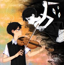 Rule 34 | 2boys, antenna hair, artist name, black eyes, black hair, black sweater vest, black tank top, bright pupils, closed mouth, collarbone, collared shirt, colored skin, dual persona, highres, holding, holding instrument, holding violin, instrument, krerue, looking at another, male focus, multiple boys, omori, omori (omori), shirt, short hair, short sleeves, shorts, something (omori), striped clothes, striped shorts, sunny (omori), sweater vest, tank top, vertical-striped clothes, vertical-striped shorts, violin, white pupils, white shirt, white shorts, white skin