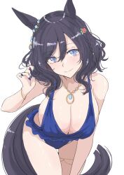 1girl absurdres animal_ears bikini black_hair blue_bikini blue_eyes blue_nails bracelet breasts cleavage eishin_flash_(reines_plaetschern)_(umamusume) eishin_flash_(umamusume) groin hair_between_eyes hand_up head_tilt highres horse_ears horse_girl horse_tail jewelry ken_(shutenndouji1) large_breasts leaning_forward looking_at_viewer nail_polish navel necklace official_alternate_costume official_alternate_hairstyle short_hair sideboob simple_background skindentation solo stomach sweat swept_bangs swimsuit tail thigh_strap umamusume