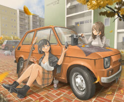 Rule 34 | 2024, 2girls, apartment, artist name, autumn, black hair, black jacket, bob cut, breasts, brick floor, brown hair, building, car, cassette player, cassette tape, cleavage, cloud, cloudy sky, commentary request, cup, day, disposable cup, dog, drinking straw, eating, fiat, fiat 126, food, food truck, guitar, highres, holding, holding cassette, holding food, hot dog, instrument, jacket, jettoburikku, knees up, leaf, license plate, motor vehicle, multiple girls, open clothes, open jacket, orange car, orange skirt, original, outdoors, plaid clothes, plaid skirt, poland, shirt, sitting, skirt, sky, sweater, tree, van, vehicle focus, watermark, white shirt, white sweater