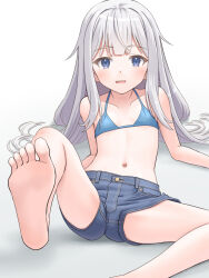 1girl bikini blue_bikini blue_shorts breasts collarbone commentary_request grey_hair highres long_hair looking_at_viewer meow_(nekodenki) open_mouth original purple_eyes short_shorts shorts simple_background small_breasts soles solo swimsuit thighs toes white_background