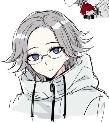 Rule 34 | 2boys, aotsuki eito, blue eyes, blush, chibi, drawstring, eyebrows, eyelashes, glasses, highres, looking at viewer, male focus, multiple boys, open mouth, parted lips, sumino takumi, the hundred line -last defense academy-, upper body, white hair, zipper, zipper pull tab