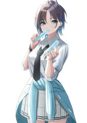 Rule 34 | 1girl, asakura toru, black necktie, blue cardigan, blue eyes, blue hair, blue nails, bracelet, cardigan, cardigan around waist, clothes around waist, commentary, ear piercing, gradient hair, grey hair, grey skirt, highres, idolmaster, idolmaster shiny colors, jewelry, multicolored hair, nail polish, necktie, piercing, plaid clothes, plaid skirt, pleated skirt, ritug36k, school uniform, shirt, short hair, simple background, skirt, solo, three-quarter sleeves, white background, white shirt