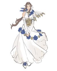 1girl aerith_gainsborough aerith_gainsborough_(prism_dress) blue_flower blue_ribbon blue_rose breasts brown_hair detached_sleeves dress dress_flower final_fantasy final_fantasy_vii final_fantasy_vii_ever_crisis flower footwear_flower full_body gold_trim green_eyes hair_ribbon highres long_dress long_hair low_ponytail medium_breasts mmmckayyy official_alternate_costume parted_bangs ponytail ribbon rose see-through_clothes see-through_sleeves shoes sidelocks single_bare_shoulder single_sleeve sleeveless sleeveless_dress solo tiara v_arms white_background white_dress white_shoes white_sleeves