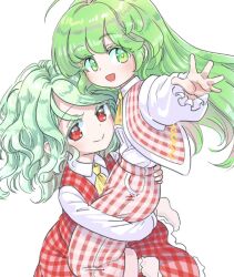 2girls ascot carrying carrying_person closed_mouth collared_shirt commentary_request dual_persona frilled_skirt frilled_sleeves frills green_eyes green_hair kazami_yuuka kazami_yuuka_(pc-98) long_hair medium_hair multiple_girls open_mouth outstretched_arm pants plaid_clothes plaid_pants plaid_skirt plaid_vest red_eyes red_pants red_skirt red_vest s-a-murai shirt skirt socks touhou touhou_(pc-98) vest wavy_hair white_background white_shirt white_socks yellow_ascot