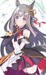 animal_ears blue_eyes blunt_bangs blush chrono_genesis_(umamusume) detached_sleeves fingerless_gloves gloves grey_hair hair_between_eyes hair_ornament highres horse_ears horse_girl horse_tail kanon_(user_rrhr4244) long_hair looking_at_viewer simple_background smile tail thighhighs umamusume white_background