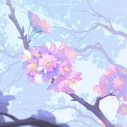 artist_name blue_sky blurry branch bug butterfly day depth_of_field english_text flower huhv. insect no_humans original outdoors pink_flower plant purple_flower scenery sky still_life tree