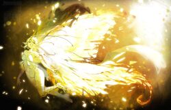 1girl absurdres antenna_hair bare_shoulders blonde_hair butterfly_wings colored_skin cookie_run cookie_run:_kingdom highres humanization insect_wings layered_clothes leotard long_eyelashes long_hair mega_(womega55) pointy_ears sugarfly_cookie thighs very_long_hair wings yellow_leotard yellow_skin