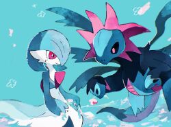 Rule 34 | alternate color, blue background, blue hair, blue skin, bob cut, colored skin, dragon, dress, flower, gardevoir, gen 3 pokemon, gen 5 pokemon, highres, hokke 0214, holding, holding flower, hydreigon, multicolored skin, nintendo, pink eyes, pokemon, pokemon (creature), shiny pokemon, signature, simple background, smile, two-tone skin, white dress, white skin