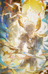 1boy absurdres antenna_hair armor black_choker black_gloves black_pants blue_eyes choker coat disembodied_hand fingerless_gloves gloves glowing_tattoo halo highres holding holding_sword holding_weapon honkai:_star_rail honkai_(series) iron_hailai liquid_gold looking_to_the_side male_focus pants pauldrons phainon_(honkai:_star_rail) short_hair shoulder_armor single_glove single_pauldron solo sun_symbol sun_tattoo sword tan tears wading weapon white_coat white_hair yellow_halo