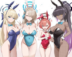 4girls absurdres anger_vein animal_ears arm_tattoo asuna_(blue_archive) asuna_(bunny)_(blue_archive) black_hair black_halo black_leotard blonde_hair blue_archive blue_bow blue_bowtie blue_eyes blue_halo blue_leotard bow bowtie breasts cleavage colored_inner_hair covered_navel dark-skinned_female dark_skin double_v earphones fake_animal_ears fishnet_pantyhose fishnets halo highres karin_(blue_archive) karin_(bunny)_(blue_archive) kuriball large_breasts leotard long_hair medium_breasts multicolored_hair multiple_girls neru_(blue_archive) neru_(bunny)_(blue_archive) official_alternate_costume orange_hair pantyhose playboy_bunny purple_hair rabbit_ears red_bow red_bowtie red_eyes red_leotard simple_background small_breasts tattoo toki_(blue_archive) toki_(bunny)_(blue_archive) two-tone_hair v very_long_hair white_background wrist_cuffs yellow_eyes
