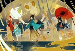 1boy 3girls ^_^ animal_ear_fluff animal_ears asaba_harumasa bangboo_(zenless_zone_zero) black_hair black_kimono blue_oni blunt_bangs c_ixxp closed_eyes fox_ears fox_girl glasses green_kimono hair_between_horns headband highres hoshimi_miyabi japanese_clothes kimono long_hair mask mask_on_head multiple_girls obi oil-paper_umbrella oni pink_eyes pink_hair red_eyes red_kimono red_umbrella sash short_hair soukaku_(zenless_zone_zero) tsukishiro_yanagi umbrella white_hair yellow_eyes yellow_headband zenless_zone_zero