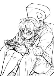 Rule 34 | 1boy, 1girl, akizuki ritsuko, antenna hair, blush, book, braid, closed mouth, controller, game controller, glasses, greyscale, hetero, high contrast, highres, holding, holding book, holding controller, holding game controller, idolmaster, idolmaster (classic), knees up, long sleeves, monochrome, object head, p-head producer, pants, producer (idolmaster), reading, simple background, single braid, sitting, sweater, tsurui, white background