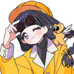 1girl ;) adjusting_eyewear black_hair blunt_bangs braid cardcaptor_sakura closed_mouth commentary daidouji_tomoyo eyewear_on_head hand_up hat highres jacket kero_(cardcaptor_sakura) long_hair long_sleeves one_eye_closed purple_eyes round_eyewear simple_background single_braid smile sunglasses symbol-only_commentary white_background wings yalmyu yellow_hat yellow_jacket