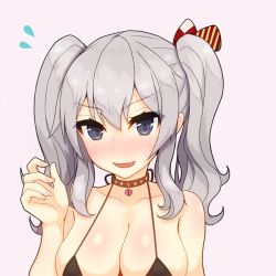 Rule 34 | 1girl, :d, asakura meito, bare arms, bare shoulders, bikini, black bikini, blue eyes, blush, breasts, cleavage, collarbone, fang, female focus, flying sweatdrops, heart-shaped lock, heart lock (kantai collection), kantai collection, kashima (kancolle), large breasts, lock, long hair, looking at viewer, nail polish, no headwear, nose blush, open mouth, padlock, pink background, pink nails, sidelocks, silver hair, simple background, smile, solo, sweatdrop, swimsuit, tsurime, upper body, v-shaped eyebrows, wavy hair