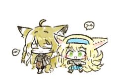 2girls animal_ears arknights blonde_hair chibi closed_eyes fox_ears fox_girl fox_tail green_eyes hairband kitsune kyuubi long_hair mikkaeng mother_and_daughter multiple_girls multiple_tails official_alternate_costume smile suzuran_(arknights) tail vulpisfoglia_(arknights) white_background