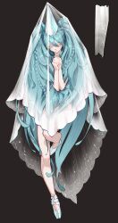 1girl absurdres alternate_costume aqua_hair ballet_slippers black_background braid closed_eyes closed_mouth commentary conical_hat facing_viewer full_body hat hatsune_miku highres interlocked_fingers knee_up long_hair looking_at_viewer own_hands_together praying shoes shower_curtain simple_background solo tiptoes veil very_long_hair vocaloid wabao_laowusuo white_hat white_shoes white_veil