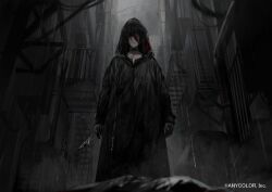 1boy alley alternate_hair_color alternate_hairstyle arms_at_sides balcony black_collar black_gloves black_hair black_raincoat black_shirt black_theme blood bloody_knife border0715 collar condenser_unit copyright_notice corpse dagger expressionless feet_out_of_frame from_below gloves hair_between_eyes holding holding_dagger holding_knife holding_weapon hood hood_up industrial_pipe knife long_bangs long_hair long_sleeves looking_at_viewer male_focus multicolored_hair murder nijisanji official_art one_eye_covered outdoors overcast rain raincoat red_eyes red_hair seraph_dazzlegarden shirt sky solo standing straight-on streaked_hair virtual_youtuber weapon
