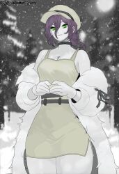 Rule 34 | belt, black belt, black choker, black ribbon, breasts, chainsaw man, choker, coat, dress, fur coat, gloves, green dress, green eyes, hair between eyes, highres, index fingers together, judgementkazzy, pink lips, purple eyes, reze (chainsaw man), ribbon, side slit, small breasts, smile, snowing, spaghetti strap, thick thighs, thighs, two-tone background, white gloves