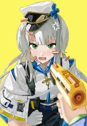 Rule 34 | 2girls, absurdres, anger vein, animal ears, blurry, blurry foreground, dog ears, dog girl, gloves, hat, highres, holding toy gun, kaburaki roco, kaburaki roco (1st costume), multiple girls, neck tassel, nijisanji, police, police hat, police uniform, policewoman, pov, rippoutai fuusen, shioriha ruri, shioriha ruri (1st costume), simple background, tassel, toy gun, two-sided capelet, virtual youtuber, yellow background