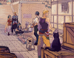 1girl 4boys animal back bandana bare_shoulders barrel black_cat black_gloves black_jacket black_pants blonde_hair blue_bandana blue_eyes boots bracelet brick_floor building cape cat crate cropped_jacket cursive dress earrings edgar_roni_figaro english_text facial_hair final_fantasy final_fantasy_vi gloves gradient_cape green_hair grey_eyes grey_hair hair_ribbon high_ponytail holding jacket jewelry locke_cole long_hair looking_at_viewer low_ponytail multi-tied_hair multiple_boys necklace orange_wrist_cuffs outdoors pants parted_bangs ponytail purple_tank_top red_boots red_dress red_sleeves ribbon sabin_rene_figaro sash shirt shopping short_ponytail shovel sign sleeves_past_wrists smile squatting stairs standing strapless strapless_dress stubble suspenders tank_top tassel-trimmed_cape tina_branford treasure_chest triangle_print tube_dress uedymummy0921 vase waist_sash white_boots white_shirt wrist_cuffs yellow_cape