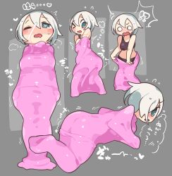 !? 1girl arrow_(symbol) blue_eyes blush grey_background hair_between_eyes heart heart-shaped_pupils highres md5_mismatch o_o one_eye_closed open_mouth original restrained sakamoto_ahiru skin_tight symbol-shaped_pupils vore white_hair worm