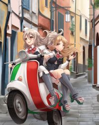 2girls ascot bare_shoulders blonde_hair blouse boots bow bowtie braid breasts brown_eyes corset cup day drinking_glass french_braid grey_hair hat highres k_jie kantai_collection large_breasts long_hair mini_hat miniskirt moped motor_vehicle multiple_girls outdoors pola_(kancolle) red_neckwear riding road scooter shirt skirt stairs street thick_eyebrows thighhighs tilted_headwear vespa wavy_hair white_legwear white_shirt wine_glass zara_(kancolle)
