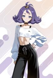1girl absurdres acerola_(pokemon) aged_up alternate_costume blue_eyes earrings highres jewelry looking_at_viewer midriff nintendo otokakoto pokemon pokemon_sm purple_hair skinny solo