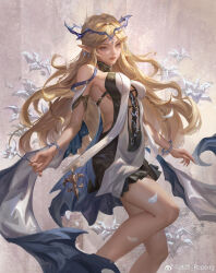 1girl absurdres bare_shoulders black_collar black_dress blonde_hair blue_eyes breasts cartethyia_(wuthering_waves) chinese_commentary collar commentary_request crown_of_thorns dress earrings feet_out_of_frame highres jewelry large_breasts long_hair looking_at_viewer lost_rzpeng parted_lips pointy_ears solo tabard tacet_mark_(wuthering_waves) thighs white_tabard wuthering_waves