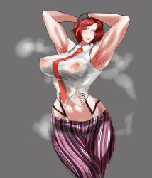 1girl arms_up breasts curvy female_focus formal_clothes gloves highres huyamuyaz large_breasts leather looking_at_viewer nipples pale_skin pants red_eyes red_hair see-through_clothes see-through_shirt shirt short_hair sleeveless smile smiley_face standing steam steaming_body suspenders sweat the_king_of_fighters thick_lips thick_thighs thighs uya_(yurukah) vanessa_(kof) wet wet_clothes wet_shirt white_shirt wide_hips