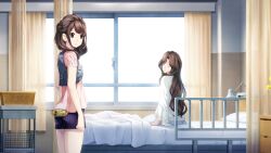 2girls bed blue_shorts brown_eyes brown_hair casual closed_eyes curtains frown fukuda_tomonori game_cg highres hospital hospital_bed indoors long_hair looking_back multiple_girls non-web_source official_art pink_shirt robotics;notes robotics;notes_dash sad senomiya_akiho senomiya_misaki shirt short_shorts short_sleeves shorts siblings sisters sitting standing striped_clothes striped_shorts vertical-striped_clothes vertical-striped_shorts very_long_hair white_shirt