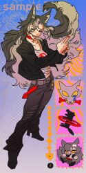 Rule 34 | 1girl, animal, animal collar, animal ears, ashva, black jacket, black pants, blue background, collar, commission, fang, finger gun, floating hair, full body, grey hair, highres, jacket, long hair, looking at viewer, open clothes, open jacket, original, pants, red nails, solo, standing, very long hair, wolf, wolf ears, wolf girl, yellow eyes