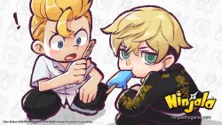 Rule 34 | !, 2boys, artist name, black jacket, black pants, black sleeves, blonde hair, blue eyes, blue pupils, character background, coat, collared jacket, collared shirt, commentary, company name, copyright name, copyright notice, crossover, delinquent, dress pants, dress shirt, dripping, earrings, english commentary, english text, food, food in mouth, gari gari-kun, green eyes, green pupils, gumchi, gungho, halftone, halftone background, hanagaki takemichi, highres, holding, holding food, holding popsicle, jacket, jewelry, light blush, logo, long sleeves, looking at viewer, male focus, mouth hold, multiple boys, ninjala, nose, official art, outline, pants, polka dot, polka dot background, popsicle, popsicle in mouth, popsicle stick, print jacket, print sleeves, purple outline, rianti-wong, sano manjirou, school uniform, second-party source, shirt, shoes, short sleeves, shuriken, silver earrings, simple background, single earring, slav squatting, small pupils, squatting, surprised, text print, tokkoufuku, tokyo revengers, translation request, undercut, v-shaped eyebrows, watermark, weapon, web address, white background, white shirt, white shoes, white sleeves