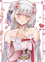 Rule 34 | 1girl, absurdres, anoreika tomoe, bare shoulders, closed mouth, commentary, detached sleeves, english commentary, finger heart, flower, flower-shaped pupils, hair flower, hair ornament, hair ribbon, heart, highres, jinhsi (peach blossom) (wuthering waves), jinhsi (wuthering waves), long hair, looking at viewer, mole, mole on cheek, official alternate costume, pink flower, pink petals, pink pupils, purple ribbon, ribbon, smile, solo, symbol-shaped pupils, upper body, very long hair, white eyes, white hair, wuthering waves