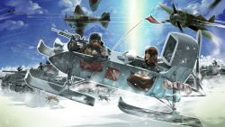 10s 2girls aerosani aircraft airplane blonde_hair blue_eyes brown_hair dog emblem girls_und_panzer helmet highres il-2 katyusha_(girls_und_panzer) long_hair military military_uniform military_vehicle motor_vehicle multiple_girls nonna_(girls_und_panzer) polikarpov_i-16 pravda_(emblem) r-ex short_hair smile snow tank tank_helmet vehicle_focus weapon